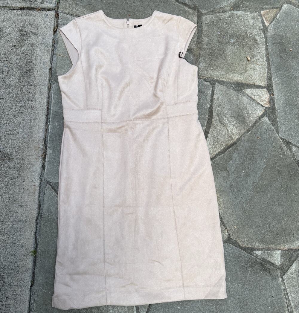 Ann Taylor Dress Womens 16 Petite Beige Sheath Faux Suede Office Career